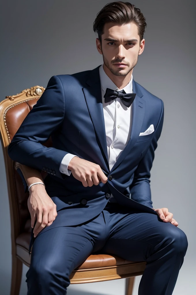 Man sitting on a chair in a suit with his penis out