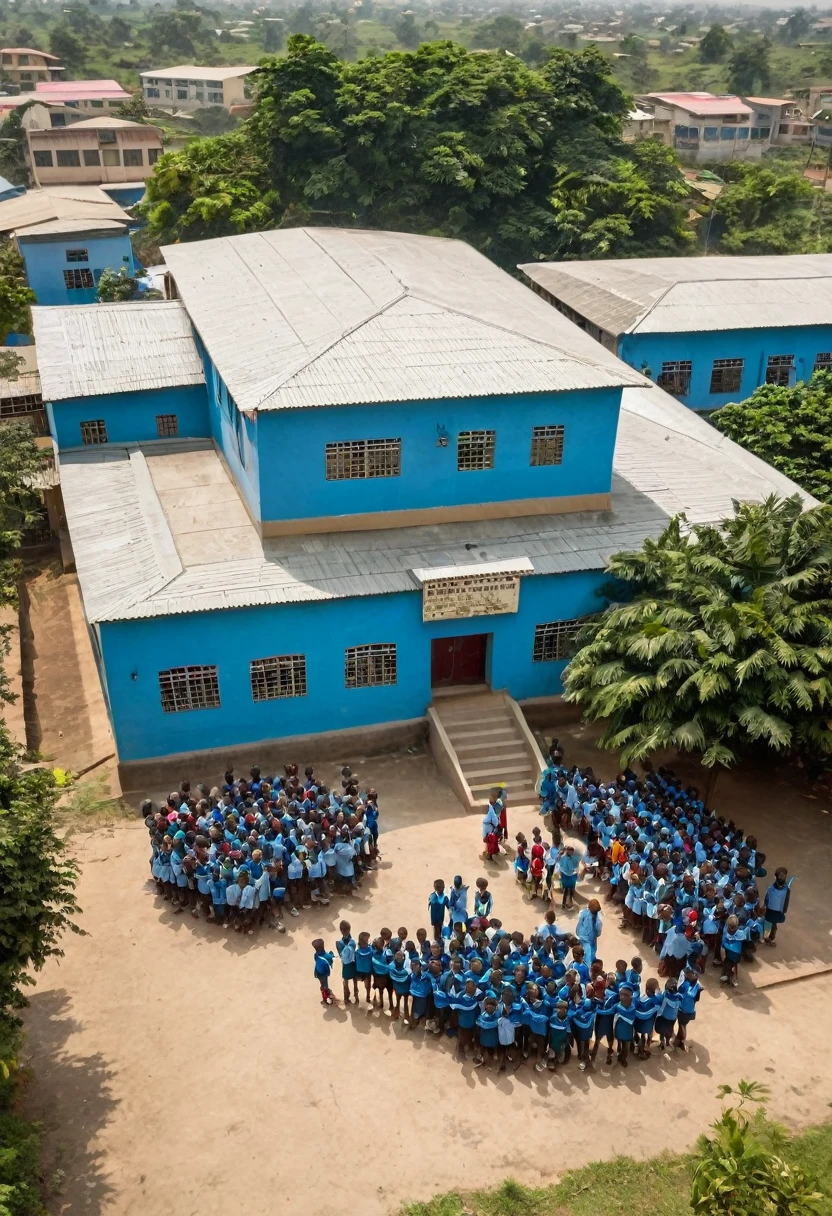 Aerial view of Jewish Nigerian  with children, Star ofn school
