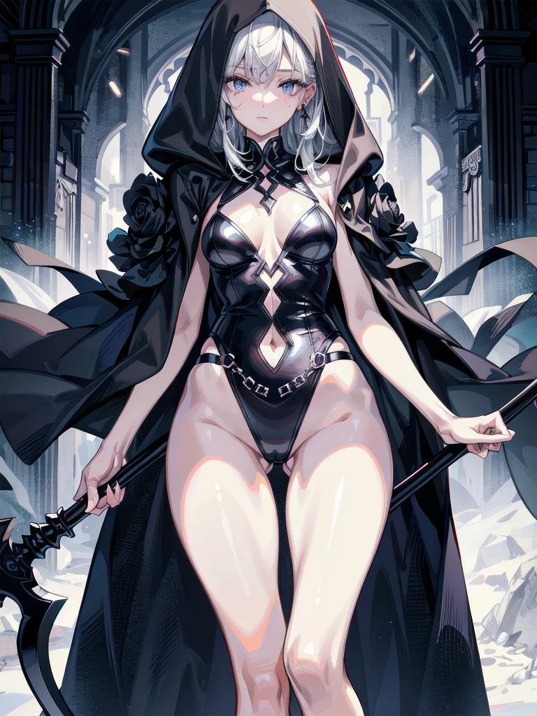 absurdres, RAW photo, extremely delicate and beautiful, masterpiece, Best Quality, ultra high resolution, 32k, hyperrealistic, ultra-detailed, perfect anatomy, anatomically correct, perfect figure, Perfect Style, Perfect balance, super Detailed skin, in her 30s, very Slim body, narrow waist, very small head, very small face, delicate facial features, handsome detailed woman, very detailed eyes and face, realistic face proportions, Realistic beautiful face, Realistic beautiful eyes, tearful mole, earring, big tits, full body shot, bare legs, medium hair, indoor, a grim reaper, dark and ominous, hooded figure with a scythe, death and decay, dark fantasy, foreboding landscape,