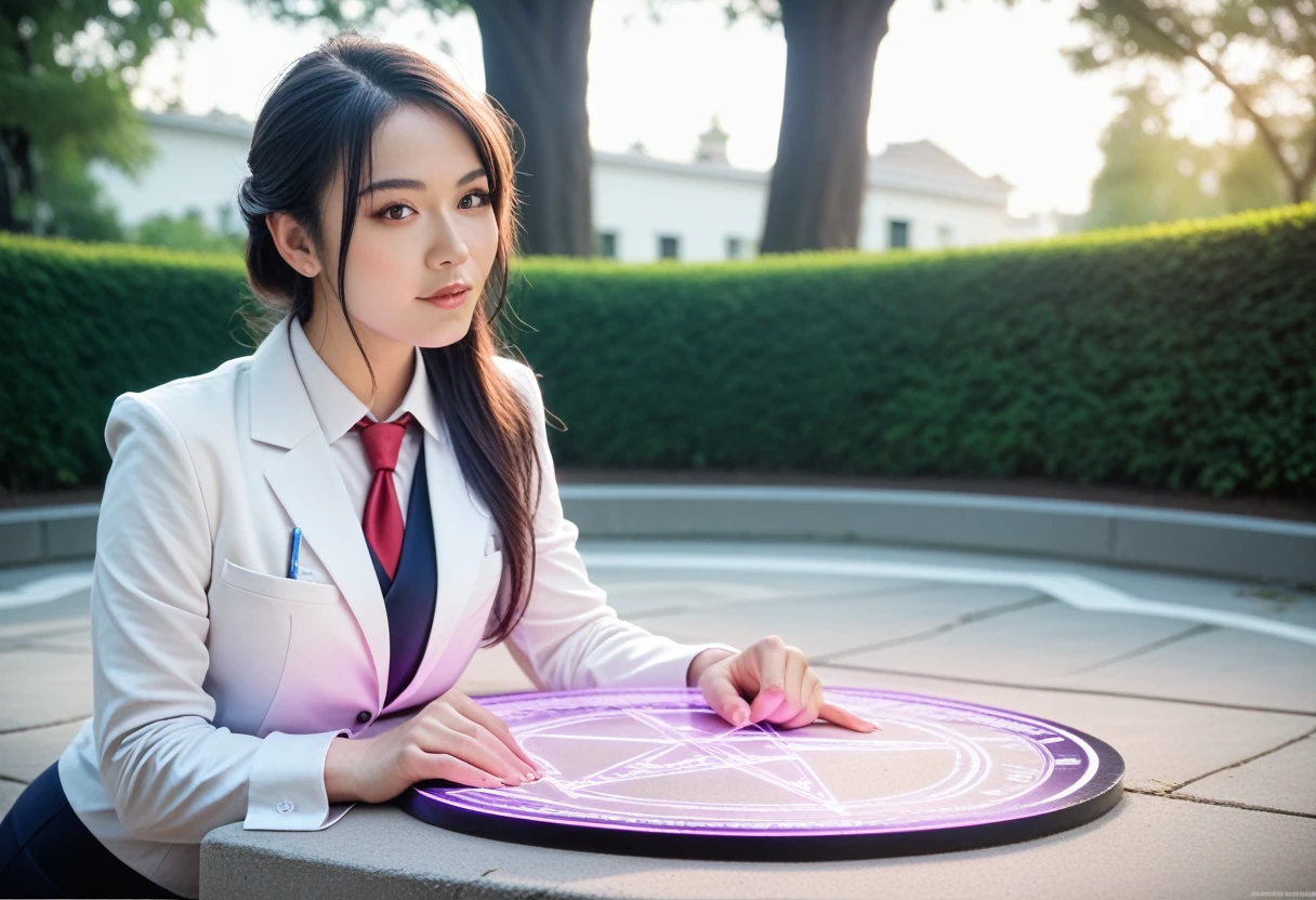 8k, raw photo, best quality, masterpiece, realistic, photo realistic, clear, professional lighting, beautiful face, best quality,ultra high res, realistic japanese beautiful, Super detailed, 1girl, clothed, outdoor, magic circle