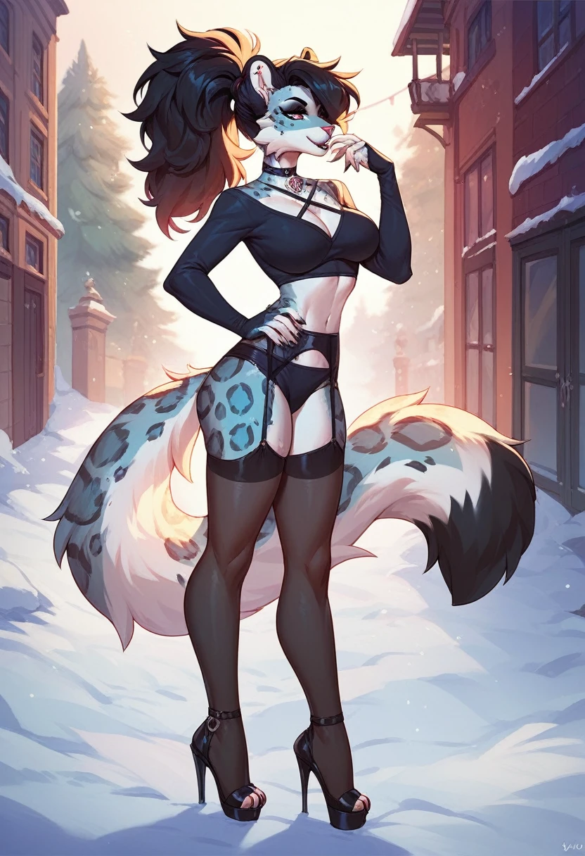 beautiful, female anthro snow leopard,adult ,goth, big fluffy hair ,25yo,Ponytail, work clothes, garter belts tights ,walk, heeled