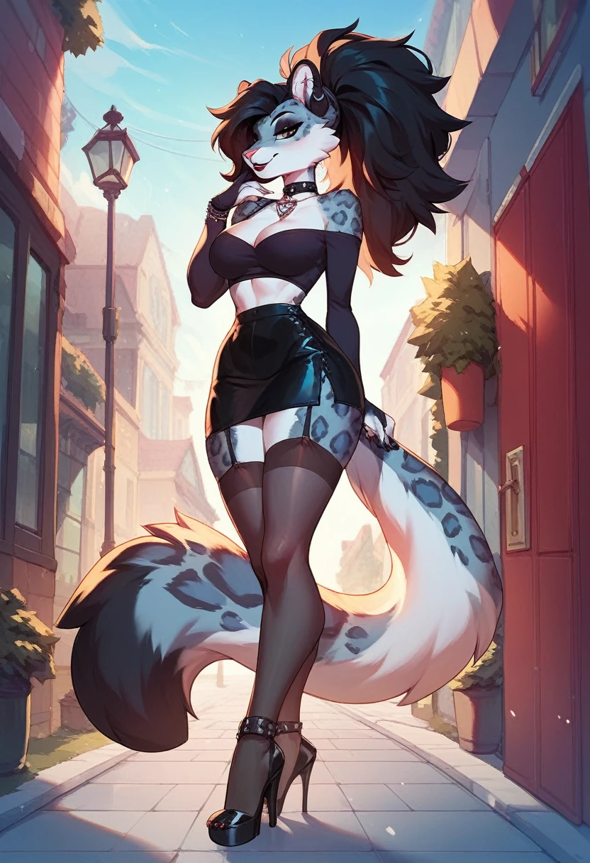 beautiful, female anthro snow leopard,adult ,goth, big fluffy hair ,25yo,Ponytail, work clothes, garter belts tights ,walk, heeled