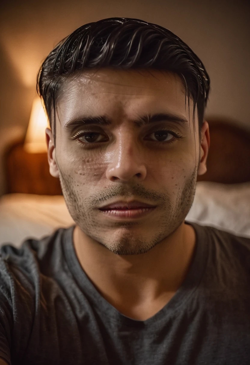 gu, a man taking a selfie in a bedroom, detailed facial features, high quality portrait, dramatic lighting, photorealistic, cinematic, moody atmosphere, warm color tones, shallow depth of field, beautifully lit, intricate details