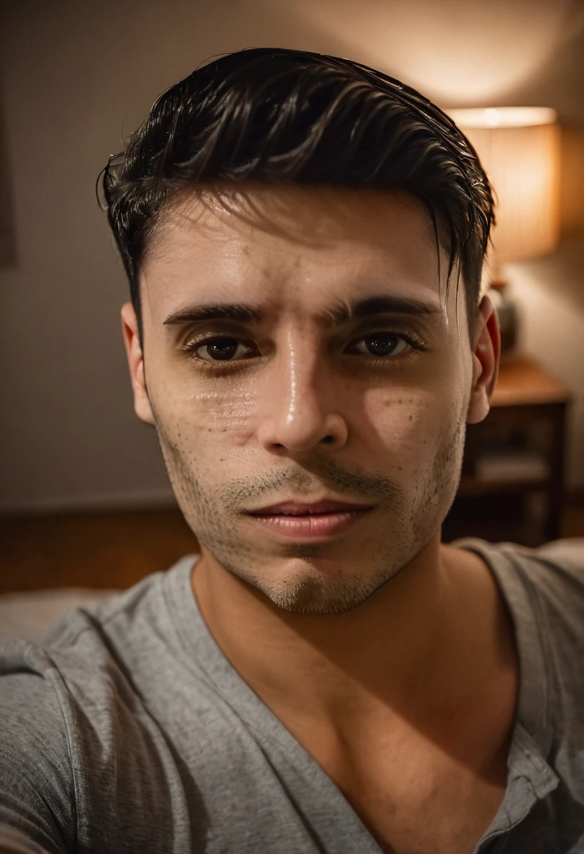 gu, a man taking a selfie in a bedroom, detailed facial features, high quality portrait, dramatic lighting, photorealistic, cinematic, moody atmosphere, warm color tones, shallow depth of field, beautifully lit, intricate details