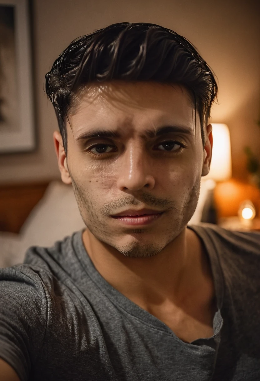 A 20-year-old Iranian white-skinned boy with black eyes and black eyebrows, a crooked nose, a thick beard, and a sexy body with a six-pack and naked muscles is lying on the bed and his cock is ejaculating.