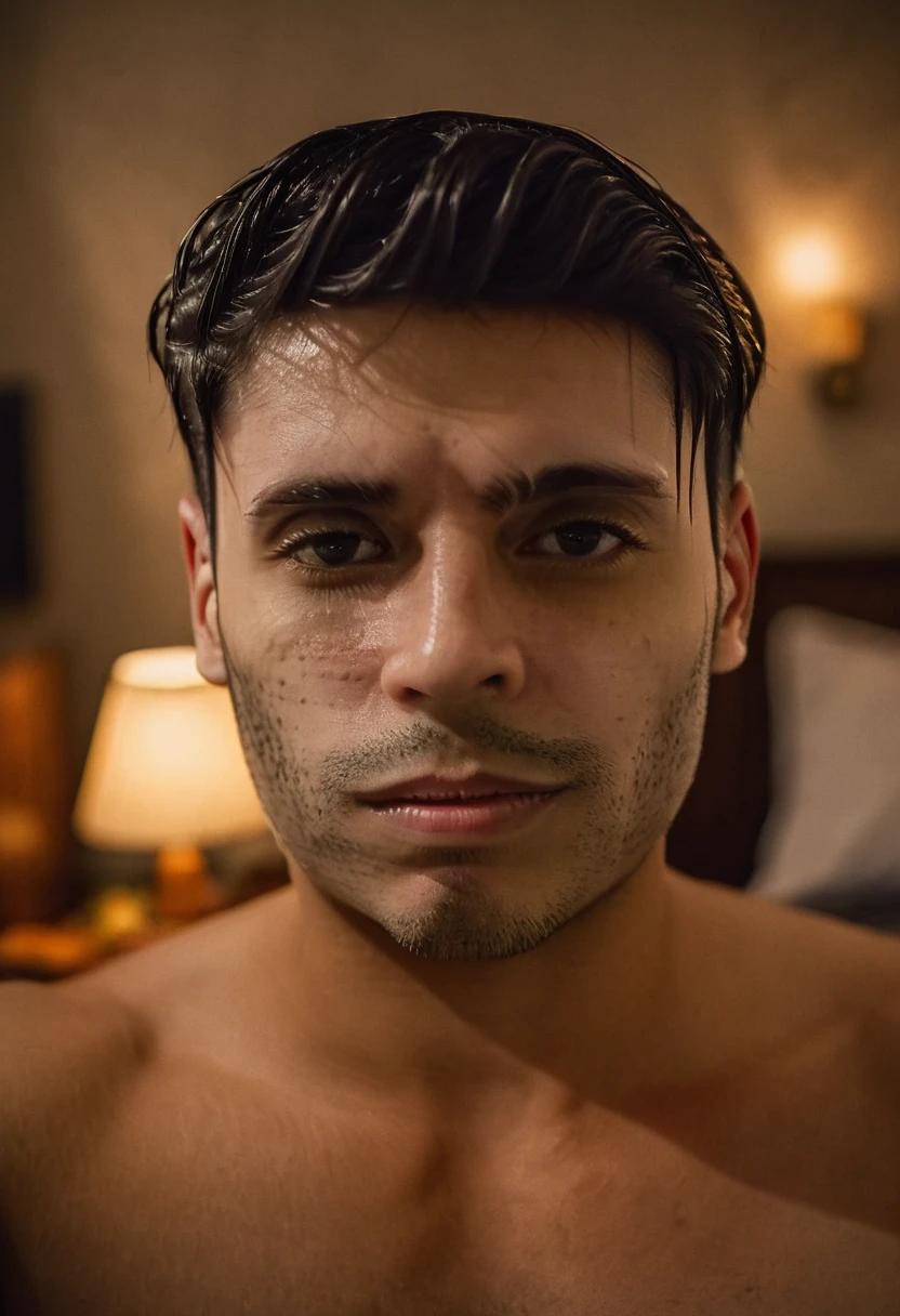 gu, a man taking a selfie in a bedroom, detailed facial features, high quality portrait, dramatic lighting, photorealistic, cinematic, moody atmosphere, warm color tones, shallow depth of field, beautifully lit, intricate details