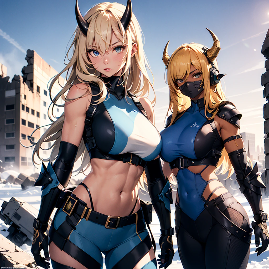 ((best quality)), ((masterpiece)), (detailed), 1girl, 8k_wallpaper, extremely detailed eyes, (large masterpiece digital art), ((perfect anatomy huge chest)), (intricate details:1.3 ), (ultra-detailed:1.3), (sharp focus:1.3), (natural lighting:1.05), (vivid colors:1.3), (best quality:1.4), high quality, expressive eyes, full body, tall girl, detailed face, beautiful face, perfect face, ((blonde hair)), (gold eyes), ((large blue horns)), {{dark skin}}, ({dark skinned female}), strong arm and leg muscles, strong abdominal muscles, dressed in heavy combat steel cyber armor of a dark red steel color, a military radio hanging on her belt, standing on a winter evening near a fantastic military SUV against the backdrop of the ruins of an ancient city and high mountains,