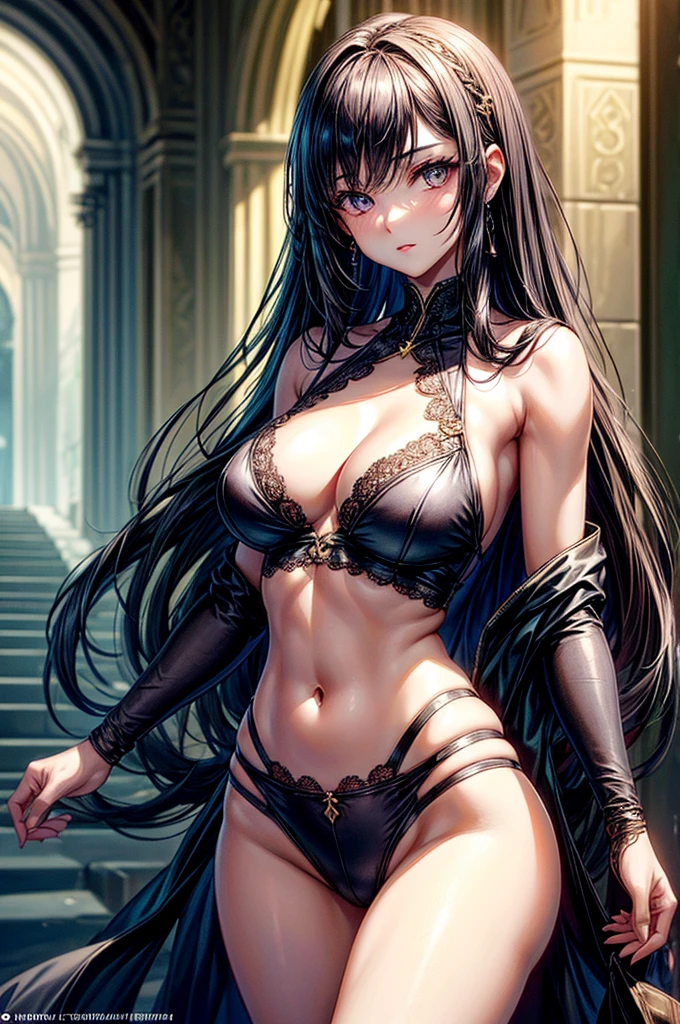 ((highest quality)),(ultra high resolution),(Super detailed), (best work of art), (1 young girl:1.5), beautiful and well-shaped face:1.5,(Beautiful skin with precise and detailed depiction:1.6),(sleeveless halter neck sports bra and elastic waist band shorts ),gorgeous, masterpiece, best quality, high-resolution, finely detailed, extremely detailed and beautiful, distinct-image, 1 girl, 18 year old teenager, solo, sharp facial features, oval shaped face. cherry red lips, lightly tanned white skin. velvet-colored eyes, C-cup breasts, tall height(175cm), slim yet chiseled body type, flowing waist length dark violet-black hair, small narrow waist, long and slender legs, curvy wide hips, elegant gothic courtyard setting