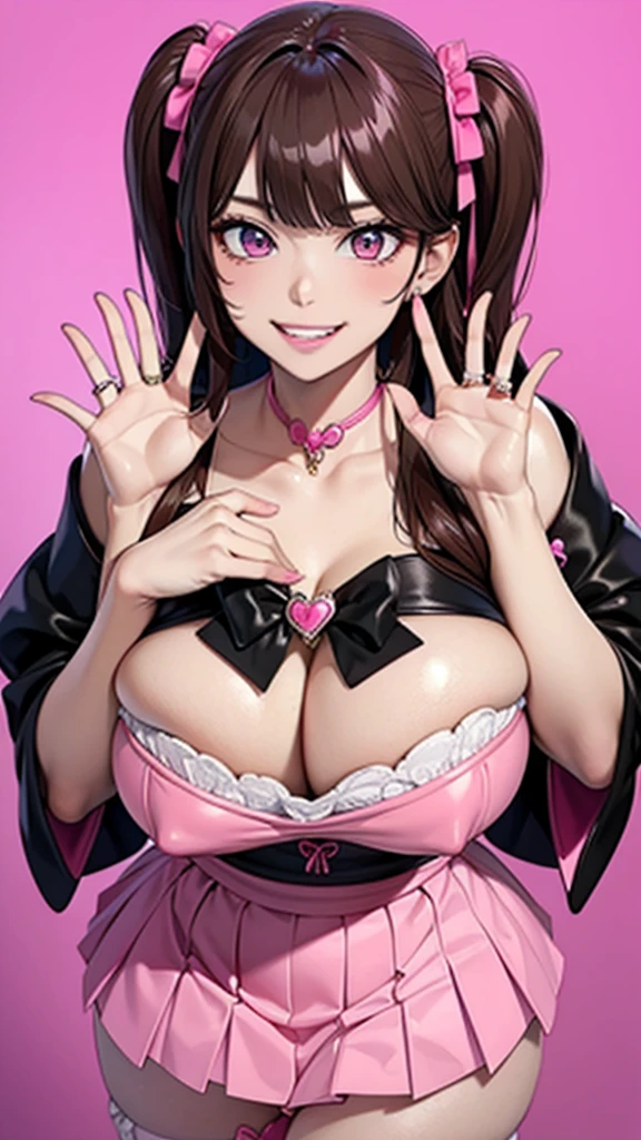 Big Lips, Brown Hair, Pink Eyes, The Face of Japan, Improve, Both sides up, Huge胸, Wide Hips, sexy, Gothic, Black and pink theme, cute, detailed, Pink Room, Decora, bangs, Grin, Improve outfit, cute, Pleated skirt, Cleavage, Hugeおっぱい, Huge , Dynamic pose, Dynamic Angle, evil Grin, Leopard