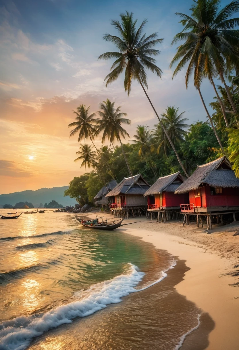 Picturesque village landscape set on the shore of a tranquil sea in Thailand. morning red sun Create a magical atmosphere Village of bamboo huts with thatched roofs Coconut trees sway gently, birds search for food, waves crash on the shore and fishing boats float in the water., Carl Larsson, Fujicolor, uhd
