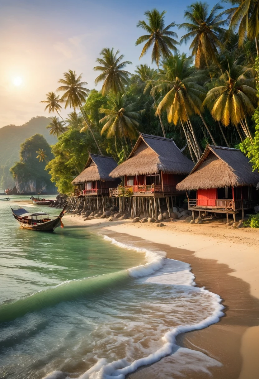 Picturesque village landscape set on the shore of a tranquil sea in Thailand. morning red sun Create a magical atmosphere Village of bamboo huts with thatched roofs Coconut trees sway gently, birds search for food, waves crash on the shore and fishing boats float in the water., Carl Larsson, Fujicolor, uhd