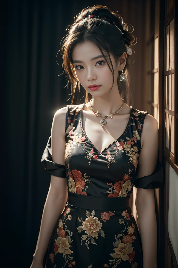 最high quality, masterpiece, High resolution, One girl, chinese dresses,Chinese Architect Background, hair ornaments,necklace, jewelry,Beautiful Face,On top of that_body, Tyndall effect,Realistic, Dark studio, Rim Light, Two-tone lighting,(Skin with attention to detail:1.2), 8k uhd, Digital SLR, Soft lighting, high quality, Volumetric lighting, Frank, photograph, High resolution, 4K, 8k, Bokeh,