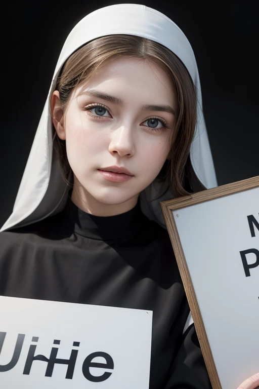 best qualityer, work of art, (photorrealistic:1.4), ,a beautiful nun is holding a sign with the name E55,a flash of light is over your head