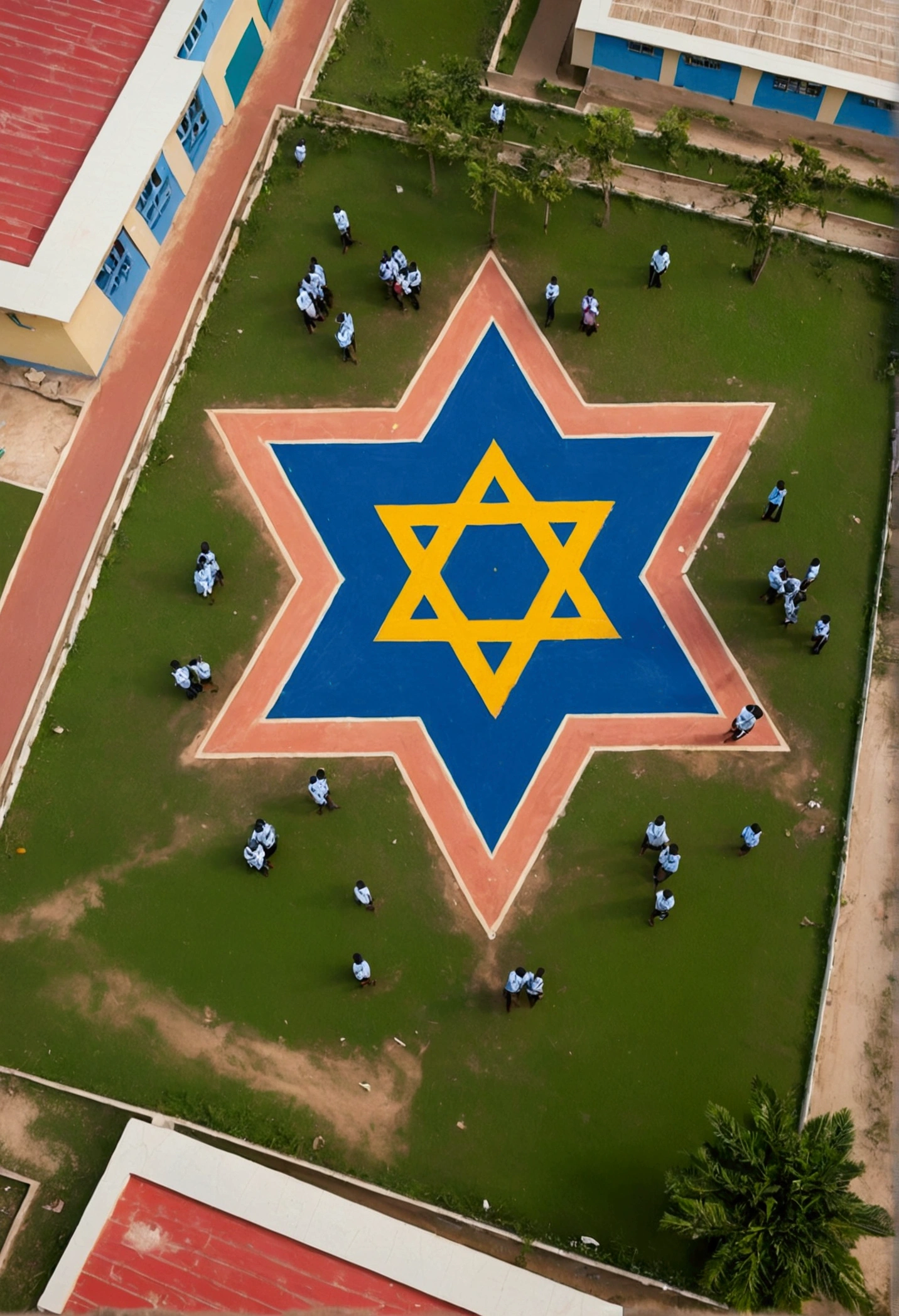 Aerial view of Jewish Nigerian Elementary school with children, Star of David on school