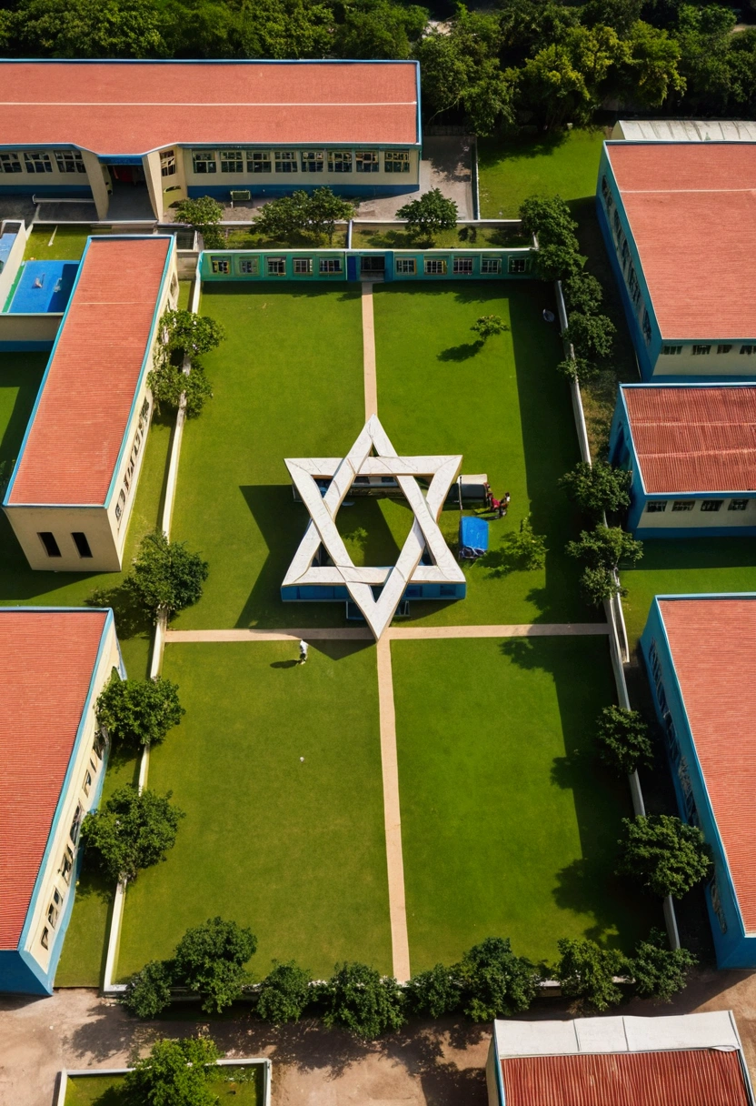 Aerial view of Jewish Nigerian Elementary school with children, Star of David on school
