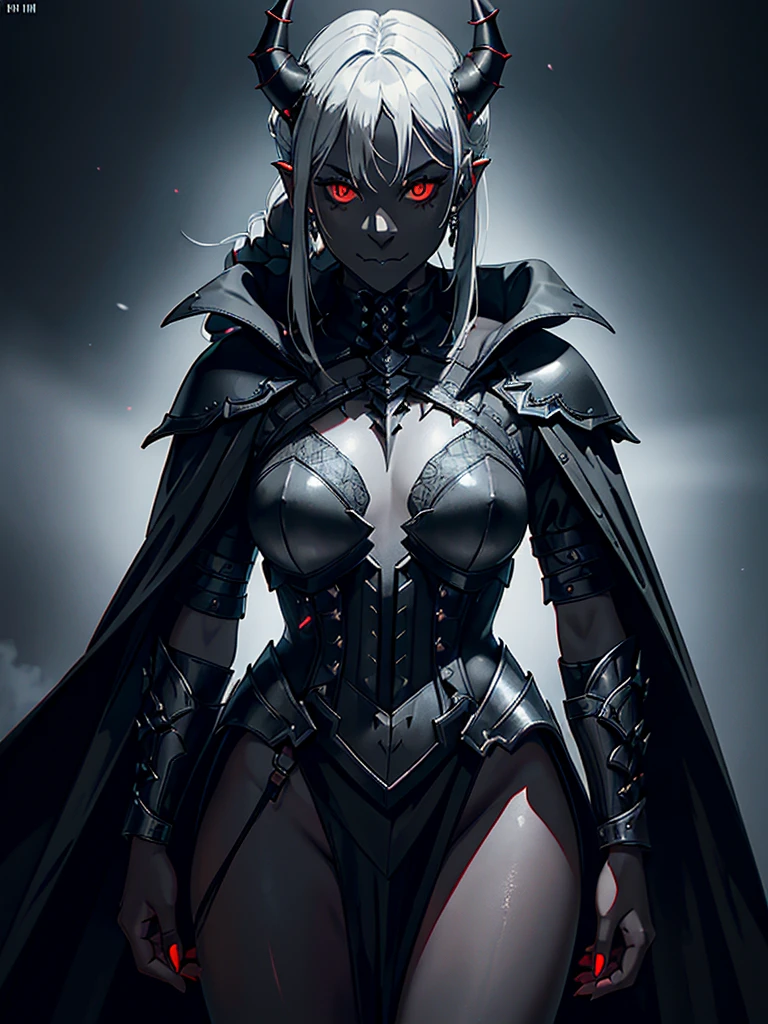 1girl, horror, (dark grey skin:1.5), true white long ponytail, ((perfect red eyes)), pointed ears, earrings, highly detailed mechanical horns, (small breasts), ((black gothic prom dress)), wearing black fur cloak, bone armor, skull armor, closed clothing, volumetric lighting, ethereal fog, dark background, ultrasharp, best quality, masterpiece, realistic, anatomically correct, (strong cinematic lighting), ((rim lighting)), stunning details, intricate details, 8k post-production, high resolution, super details, sharp focus, depth of field f/1.8, studio photos, (((looking at camera)))