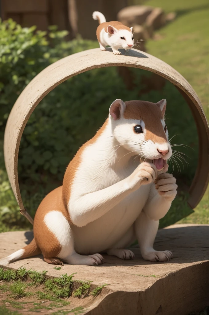 "Draw a picture of a colossal stoat feasting on the remains of Disney's Mickey Mouse. Illustrate the disturbing juxtaposition between the beloved little character and the powerful predator, emphasizing the size of the ferret and the lifeless Mickey."