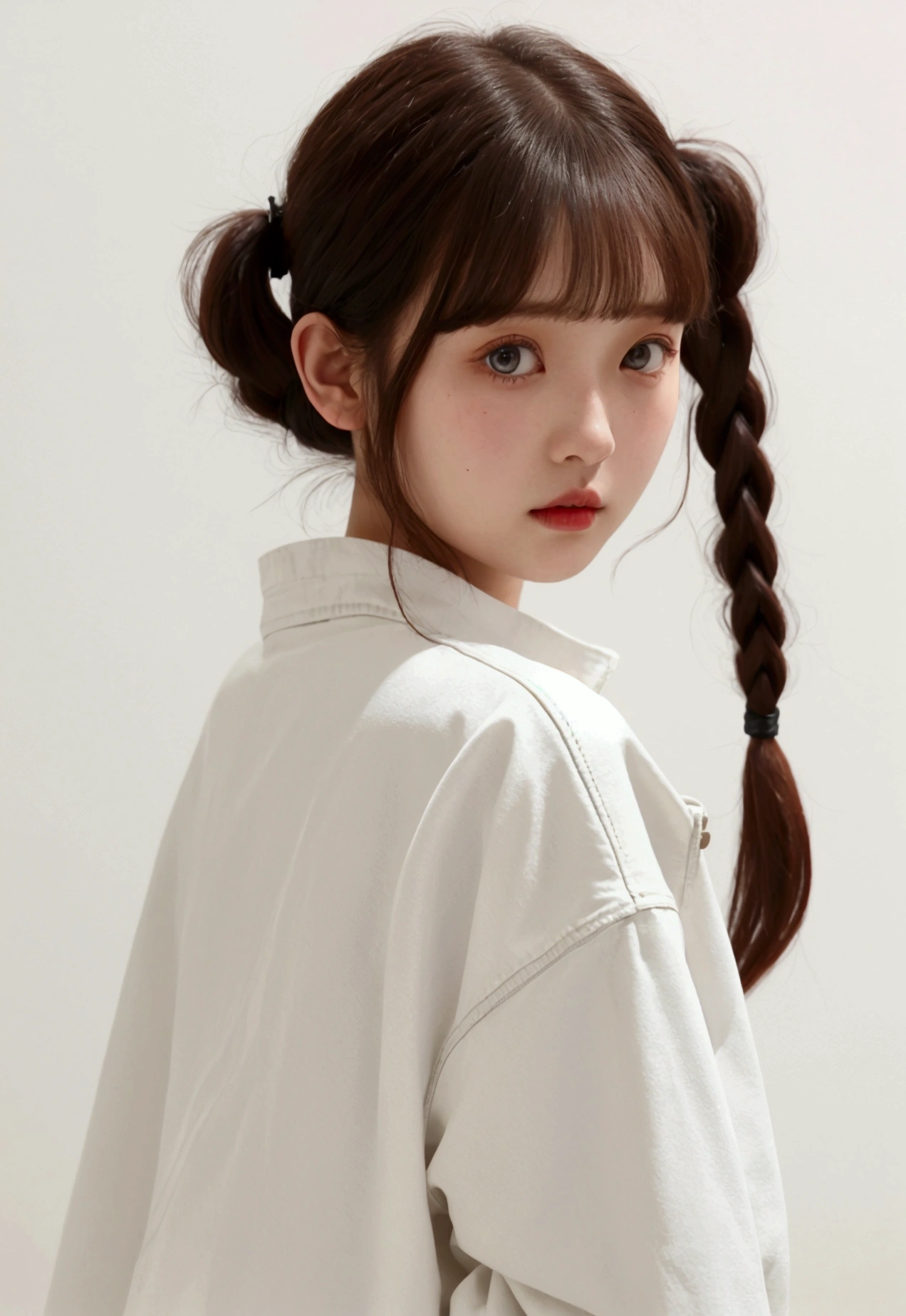 White long dress、Red denim jacket、Lift your bangs、Wide forehead、Pigtails、