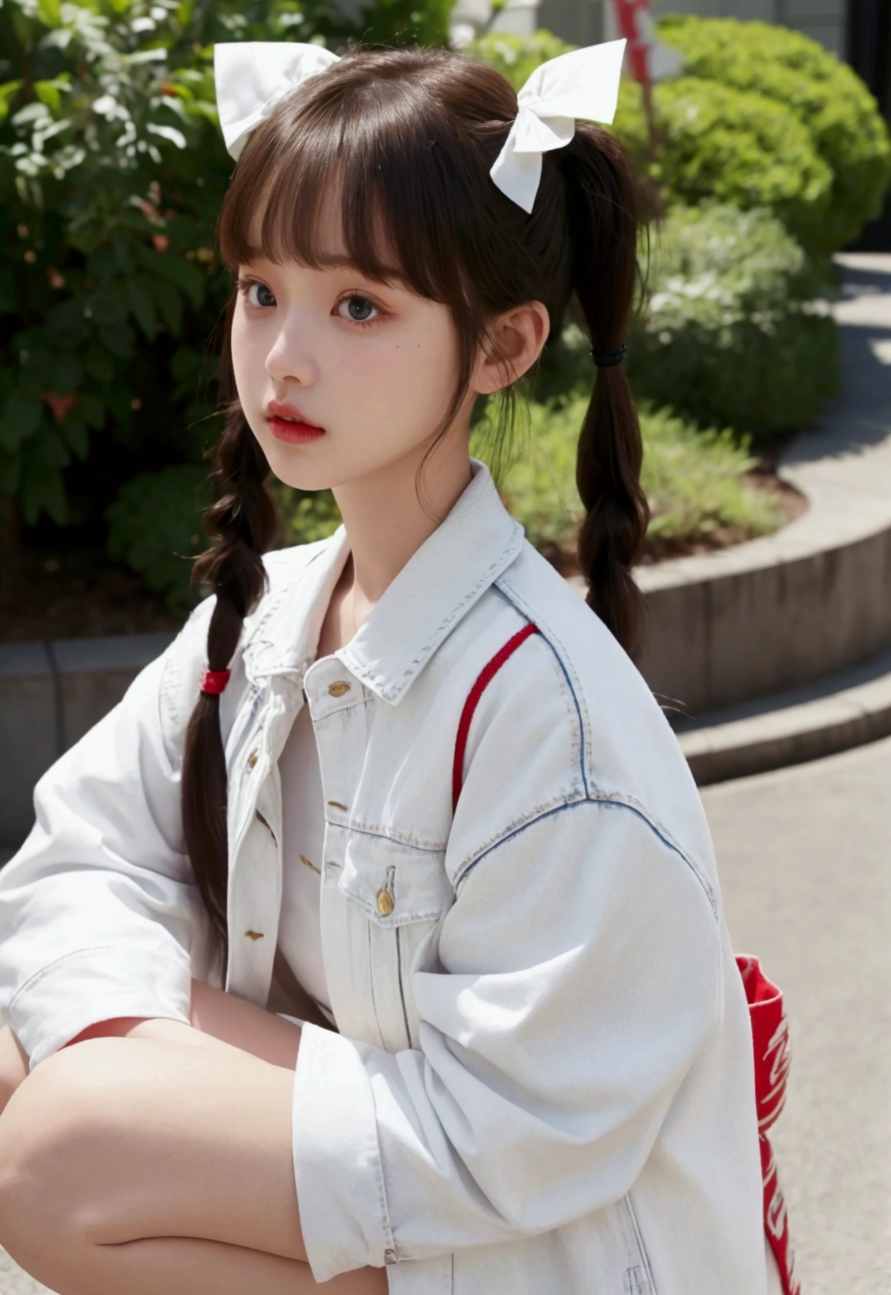 White long dress、Red denim jacket、Lift your bangs、Wide forehead、Pigtails、