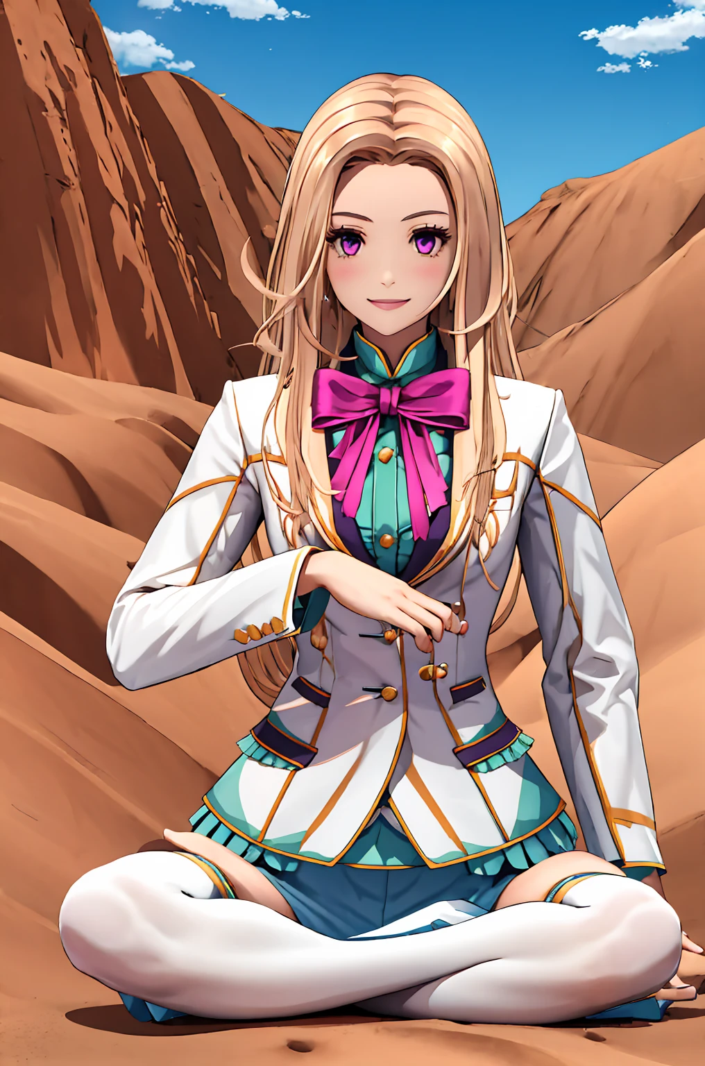 Highest quality, (Tabletop:1.2), figure, Absurd,   
(One Girl), (alone), (Beautiful detailed girl), whole body, 
Blonde, Long Hair, Swept-apart bangs, amount, Purple eyes, Medium chest,
White suit, Green undershirt, Green ruffles, (White mini skirt:1.5), Pink Ribbon, black_pantyhose, High heels, (((Indian Style, lotus position、Sit on the ground))), ((Skirt rip, Showing panties)), ((Panties under pantyhose)),
View your viewers, smile,
desert, sun, Sky Porn,