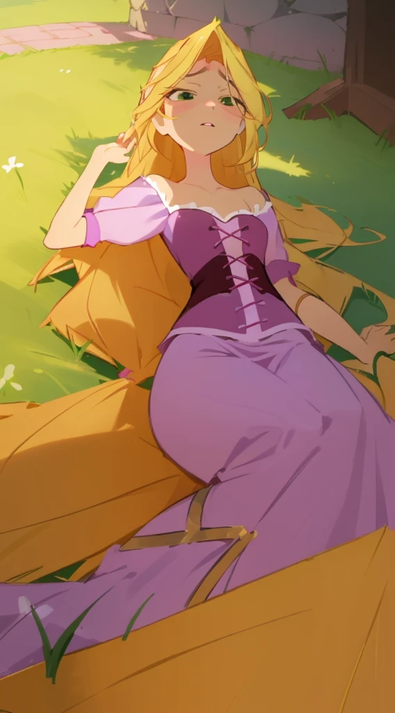 (masterpiece, best quality, high resolution:1.4), rapunzel, green eyes, purple princess dress, skirt long:1.0, (loose hair:1.3), unable to get up or move:1.0, exhausted, beaten down, (lies flat on her back:1.0),(defeated in combat:1.0), (Rapunzel lies down flat on her back, defeated in combat), (dazed expression:1.0), looking up, soft panting, outdoors, close angle to Rapunzel, direct shot: 1.0, line of action: 1.0, line of sight: 1.0