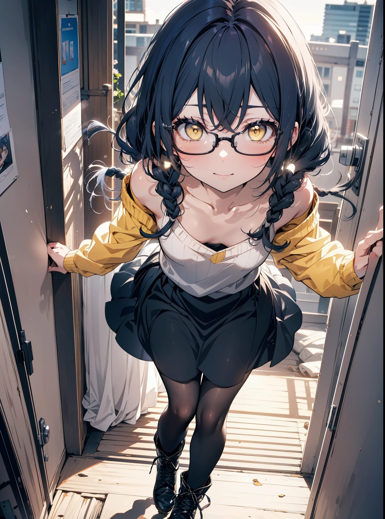 you like it, Umi Sonoda, Long Hair, Blue Hair, (Yellow Eyes:1.5) (Flat Chest:1.2),Blue one-shoulder sweater,Long skirt,Black Pantyhose,short boots,Baseball cap,Black-rimmed glasses,Long braids,smile,walk,morning,morning陽,The rising sun,On the way to school,whole bodyがイラストに入るように,
break looking at viewer,whole body,
break outdoors, station,
break (masterpiece:1.2), Highest quality, High resolution, unity 8k wallpaper, (shape:0.8), (Beautiful attention to detail:1.6), Highly detailed face, Perfect lighting, Extremely detailed CG, (Perfect hands, Perfect Anatomy),