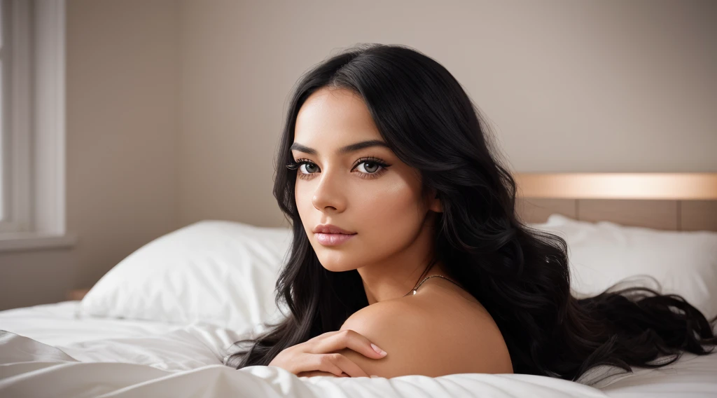 professional portrait photographer of a gorgeous girl in with long wavy black hair,Eye black,sulty Flirty look, gorgeous symmetrical Face, pretty natural makeup, ,in bed, ultra realistic, conceptual art, elegant, very detailed, complex, sharp Focus, depth oF Field, F/1. 8, 85mm, Medium shot, mid shot, (((proFessionally color graded))), bright soft diFFused light, (volumetric Fog), trending on Instagram, hdr 4k, 8k