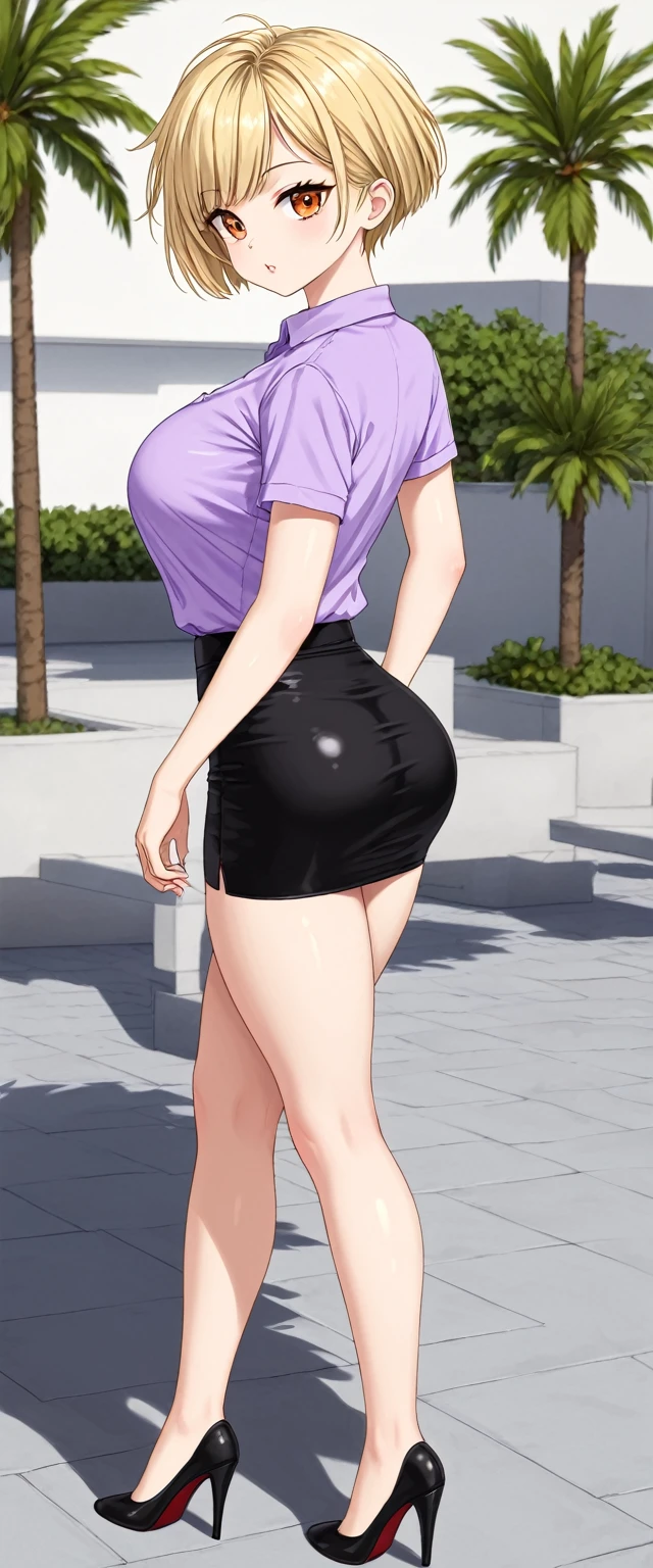 A cute sexy big breasted woman beautiful ash blonde hair round short messy cut her slanted orange eye wears a white blouse under a simple purple shirt and a tight black skirt black heels