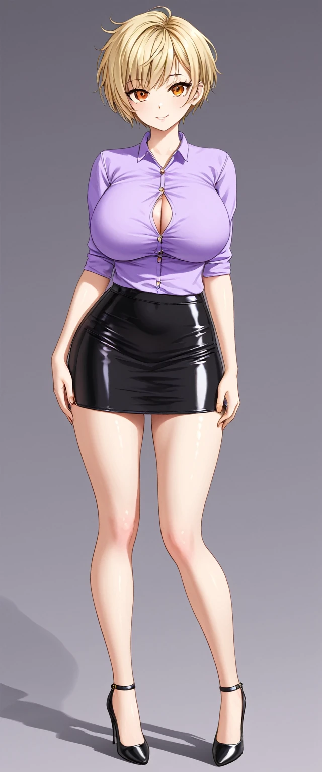 A cute sexy big breasted woman beautiful ash blonde hair round short messy cut her slanted orange eye wears a white blouse under a simple purple shirt and a tight black skirt black heels