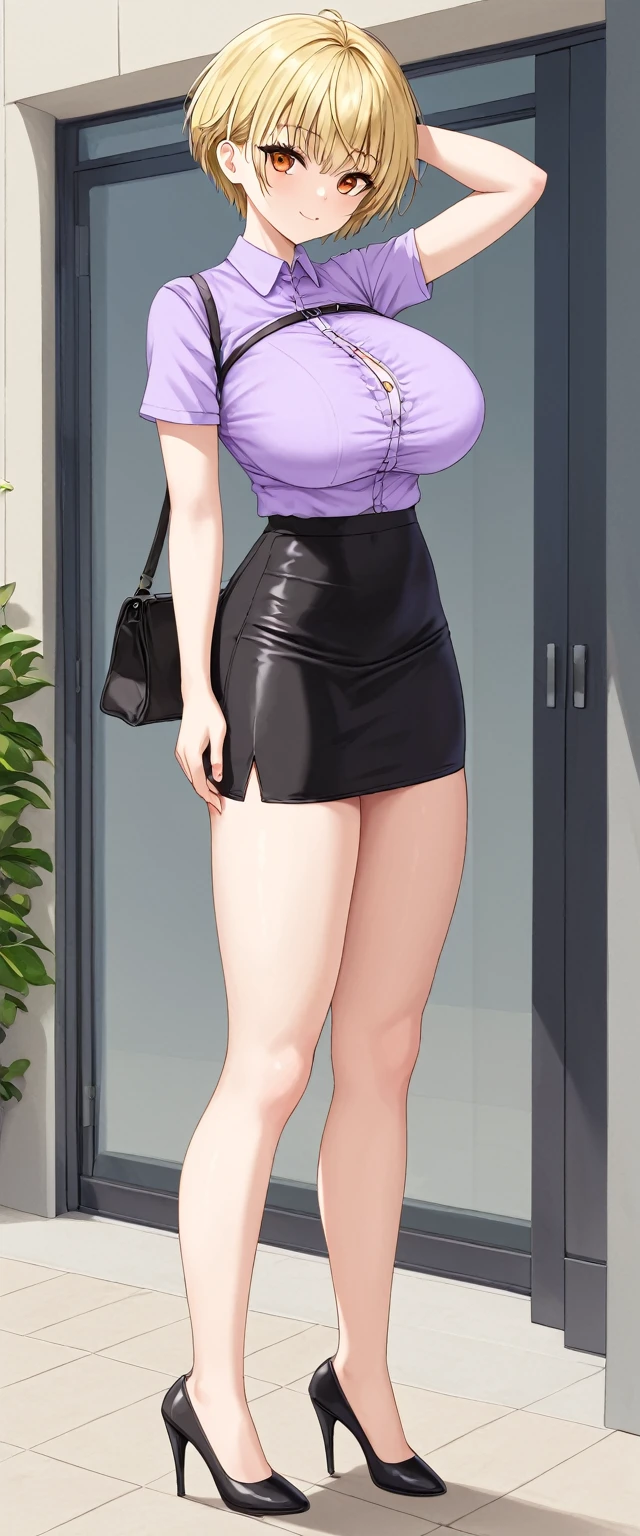A cute sexy big breasted woman beautiful ash blonde hair round short messy cut her slanted orange eye wears a white blouse under a simple purple shirt and a tight black skirt black heels