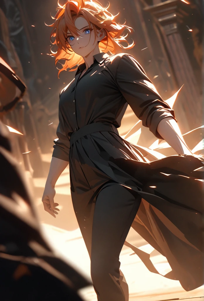 (solo), orange hair, messy hair, mane hair, short hair, dense hair, wild hair, expressive hair, mature,(25 year old), pale skin, blue eyes, ((male)), muscular body, wearing a black dress shirt,, handsome, attractive, eye reflection, depth of field, thunder aura,cinematic lighting, ray tracing, depth of field, cinematic lighting, ray tracing, UHD, high details, best quality, highres, high quality, award winning, super detail, masterpiece, 8k, UHD, high details, best quality, highres, high quality, award winning, super detail, masterpiece, 8k, digital art, anime coloring, full body shot, body shot, good face, perfect face, detailed face, good eyes