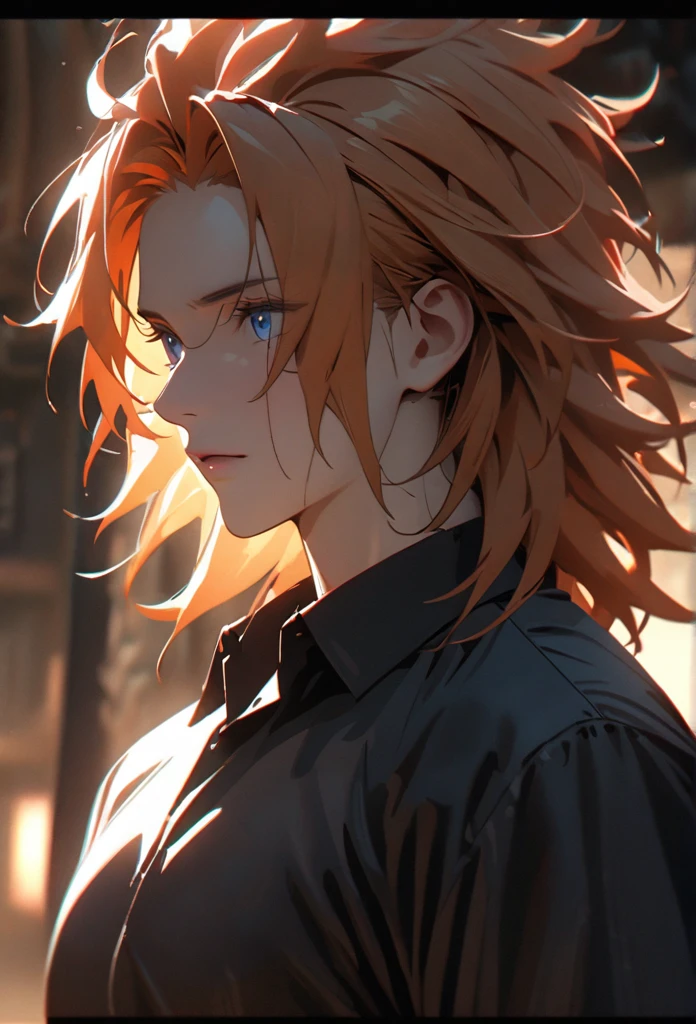 (solo), orange hair, messy hair, mane hair, short hair, dense hair, wild hair, expressive hair, mature,(25 year old), pale skin, blue eyes, ((male)), muscular body, wearing a black dress shirt,, handsome, attractive, eye reflection, depth of field, thunder aura,cinematic lighting, ray tracing, depth of field, cinematic lighting, ray tracing, UHD, high details, best quality, highres, high quality, award winning, super detail, masterpiece, 8k, UHD, high details, best quality, highres, high quality, award winning, super detail, masterpiece, 8k, digital art, anime coloring, full body shot, body shot, good face, perfect face, detailed face, good eyes