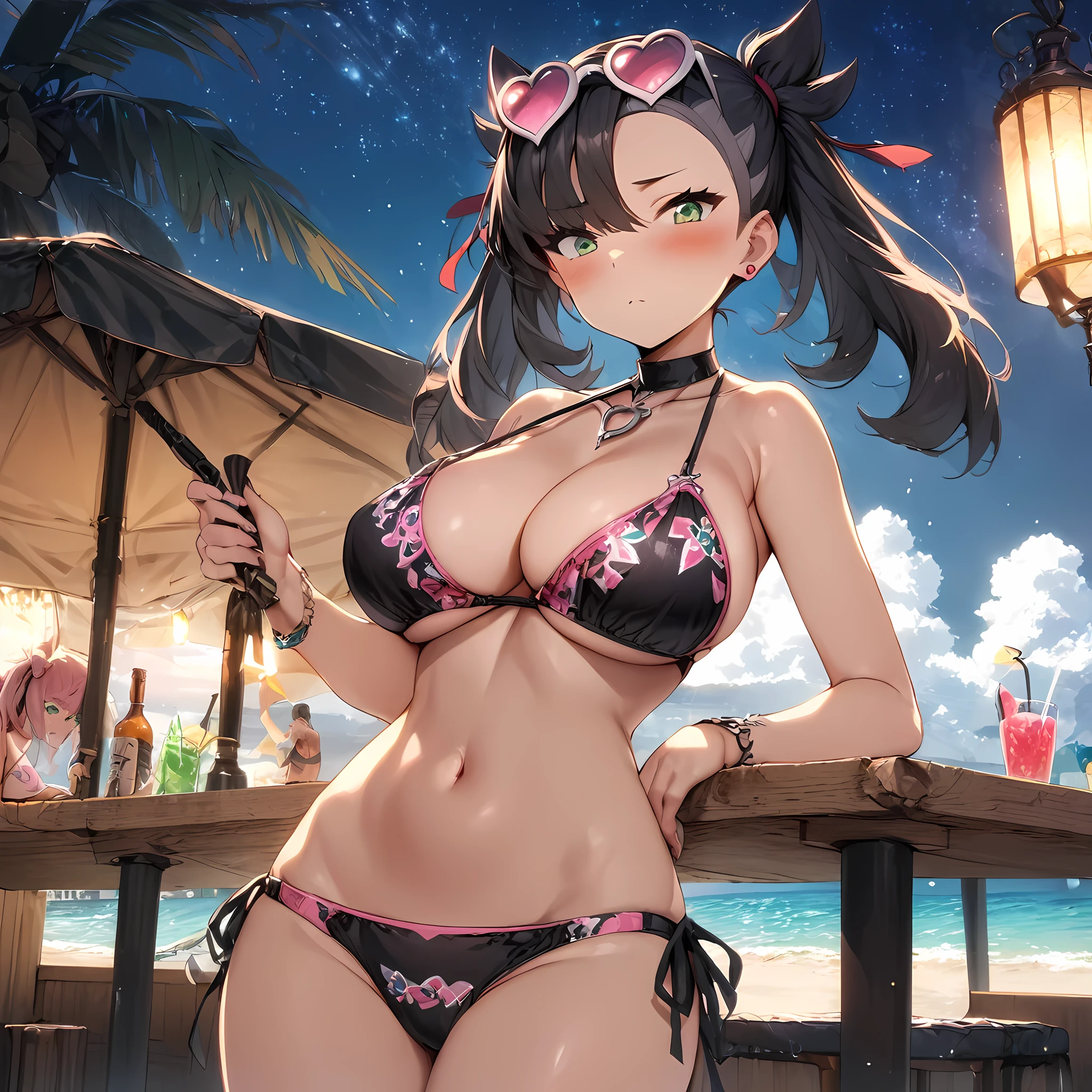 (masterpiece), best quality, expressive eyes, perfect face,1girl,gravure idol,big breasts,pink and black patterned string bikini,pink heart-shaped sunglases on head,strap gap,beach,beach bar,blush,cowboy shot,looking at viewer
, red ribbon, asymmetrical bangs, twintails, green eyes, hair ribbon, black hair, marnie, heart pendant,night,starry sky