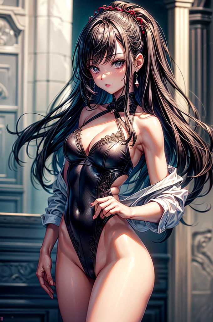 ((highest quality)),(ultra high resolution),(Super detailed), (best work of art), (ung girl:1.5), beautiful and well-shaped face:1.5,(Beautiful skin with precise and detailed depiction:1.6),(halter neck sports bra and elastic waist band shorts ),gorgeous, masterpiece, best quality, high-resolution, finely detailed, extremely detailed and beautiful, distinct-image, 1 girl, 18 year old teen, solo, sharp facial features, oval shaped face. cherry red lips, lightly tanned white skin. velvet-colored eyes, C-cup breasts, tall height(175cm), slim yet chiseled body type, flowing waist length dark violet-black hair, small narrow waist, long and slender legs, curvy wide hips, elegant gothic courtyard setting