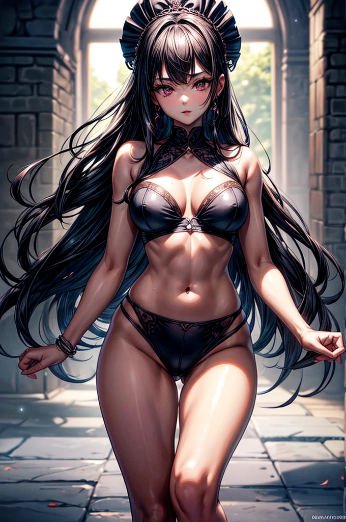 ((highest quality)),(ultra high resolution),(Super detailed), (best work of art), (ung girl:1.5), beautiful and well-shaped face:1.5,(Beautiful skin with precise and detailed depiction:1.6),(halter neck sports bra and elastic waist band shorts ),gorgeous, masterpiece, best quality, high-resolution, finely detailed, extremely detailed and beautiful, distinct-image, 1 girl, 18 year old teen, solo, sharp facial features, oval shaped face. cherry red lips, lightly tanned white skin. velvet-colored eyes, C-cup breasts, tall height(175cm), slim yet chiseled body type, flowing waist length dark violet-black hair, small narrow waist, long and slender legs, curvy wide hips, elegant gothic courtyard setting