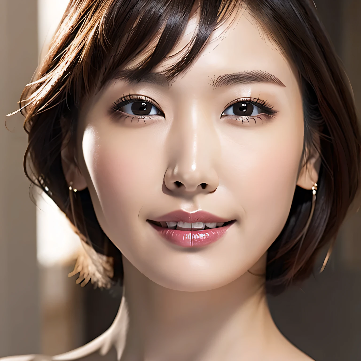 masterpiece、Highest quality、High resolution、Photorealistic、RAW Photos、8k wallpaper、One beautiful woman、Glowing Beautiful Skin、 (short hair:1.3)、Age 25、Staring at me with a seductive look、Perfect Makeup、Bright beautiful lips、(Face close-up:1.2)、Accurate anatomy、 Ultra-high resolution perfect beautiful teeth、 The most natural and perfect teeth、Ultra high definition beauty face、 Ultra HD beautiful hair、Ultra HD Shining Eyes、 Ultra-high-definition glossy beautiful lips、(NUDE:1.2)