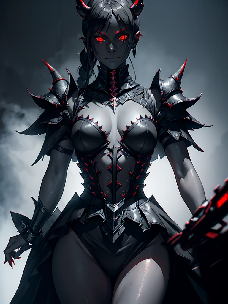 1girl, horror, (dark grey skin:1.5), true white long ponytail, ((perfect red eyes)), pointed ears, earrings, angry expression, evil expression, highly detailed mechanical horns, (small breasts), ((black gothic prom dress)), wearing black fur cloak, bone armor, skull armor, closed clothing, volumetric lighting, ethereal fog, dark background, ultrasharp, best quality, masterpiece, realistic, anatomically correct, (strong cinematic lighting), ((rim lighting)), stunning details, intricate details, 8k post-production, high resolution, super details, sharp focus, depth of field f/1.8, studio photos, (((looking at camera)))