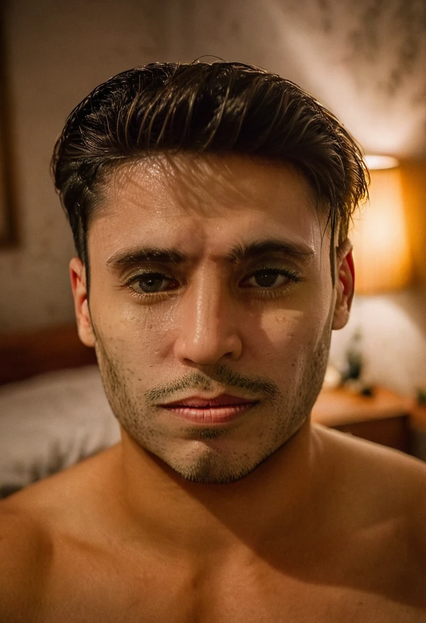 gu, a man taking a selfie in a bedroom, detailed facial features, high quality portrait, dramatic lighting, photorealistic, cinematic, moody atmosphere, warm color tones, shallow depth of field, beautifully lit, intricate details