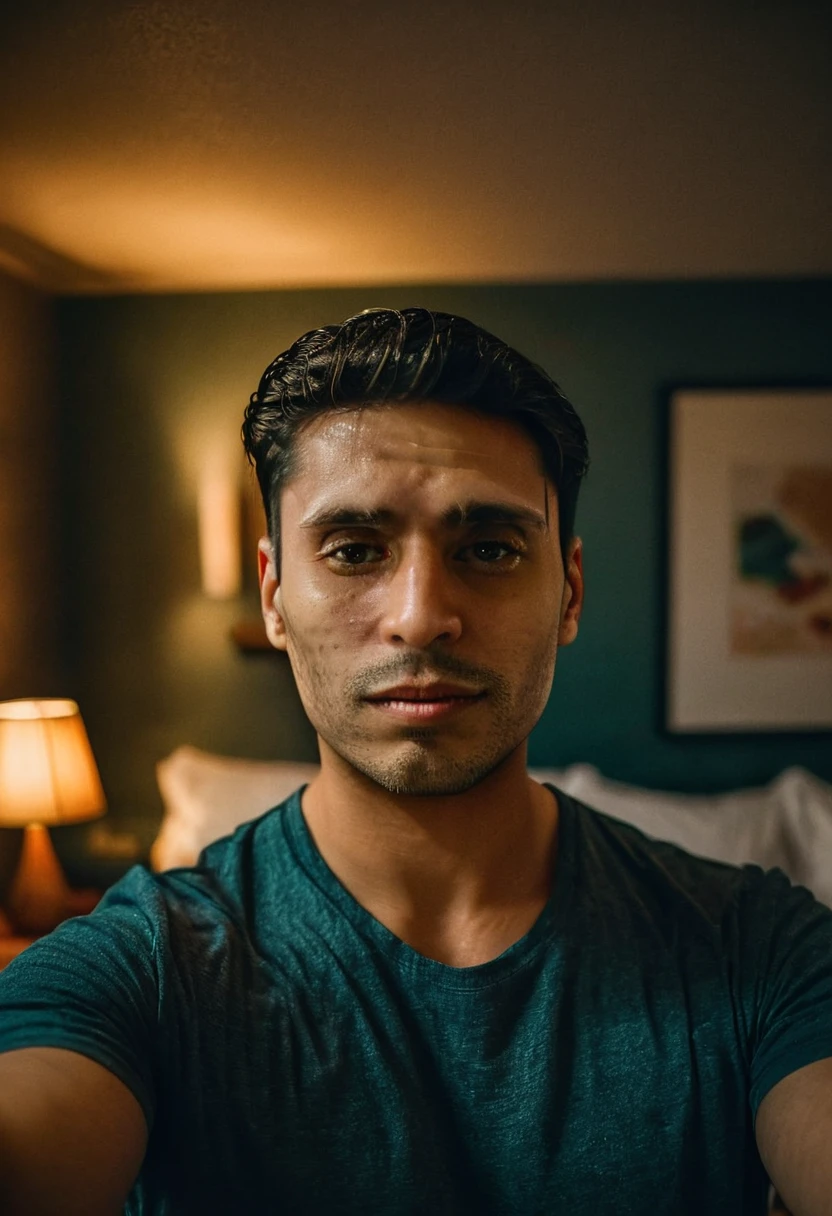 gu, a man taking a selfie in a bedroom, detailed facial features, high quality portrait, dramatic lighting, photorealistic, cinematic, moody atmosphere, warm color tones, shallow depth of field, beautifully lit, intricate details