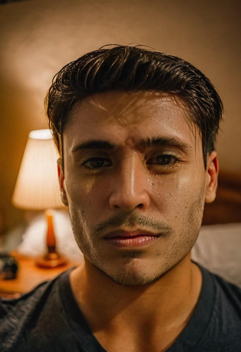 gu, a man taking a selfie in a bedroom, detailed facial features, high quality portrait, dramatic lighting, photorealistic, cinematic, moody atmosphere, warm color tones, shallow depth of field, beautifully lit, intricate details