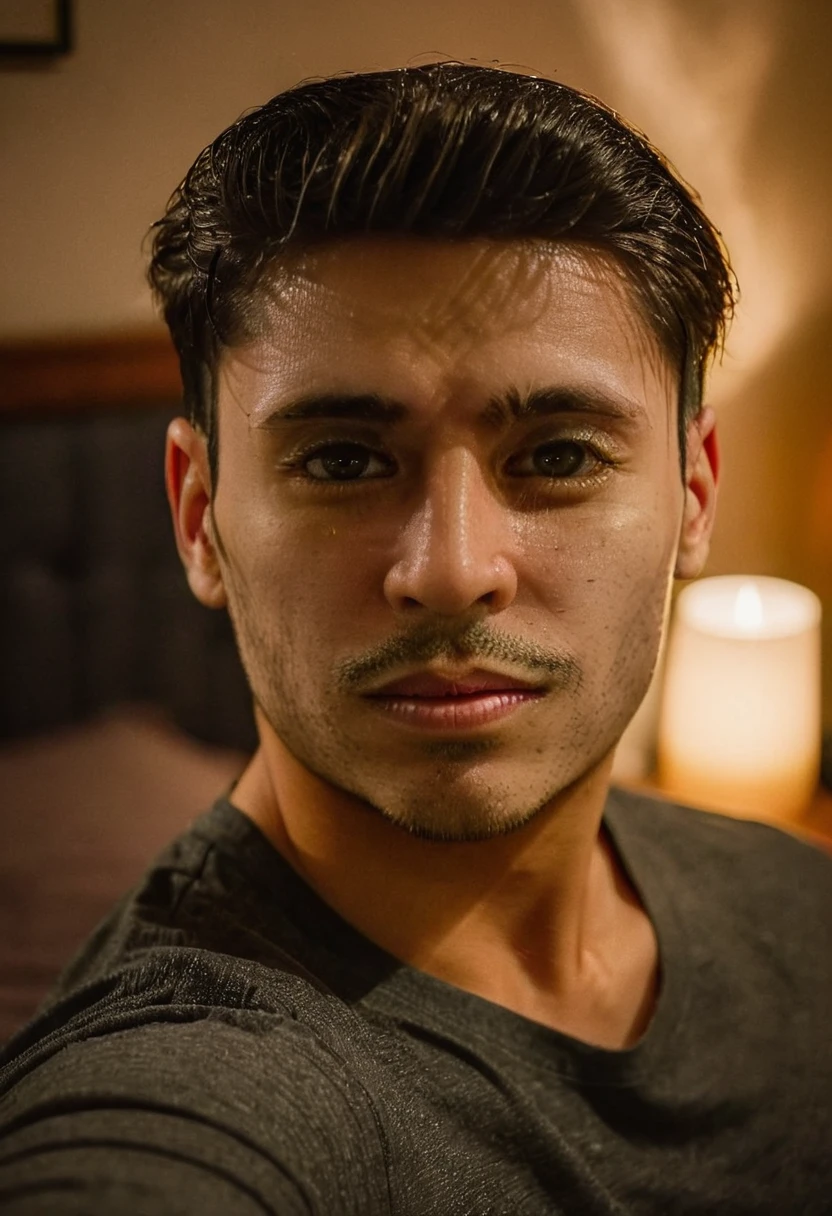 gu, a man taking a selfie in a bedroom, detailed facial features, high quality portrait, dramatic lighting, photorealistic, cinematic, moody atmosphere, warm color tones, shallow depth of field, beautifully lit, intricate details