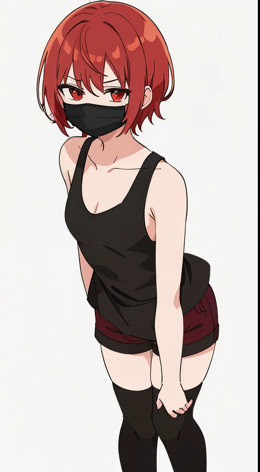 Her posture is hunched over, with slumped shoulders and folded arms or clasped hands. Her head is tilted slightly downwards, further accentuating the expression on her face. The overall effect is one of vulnerability, despair
BREAK
white background, anime, virtual youtuber, (flat colors:1.4), (half body:1.4), (red hair:1.3), red eyes, short hair, medium breasts, (black tanktop:1.3), black short pants, (wearing black mouth mask:1.3), black stockings
