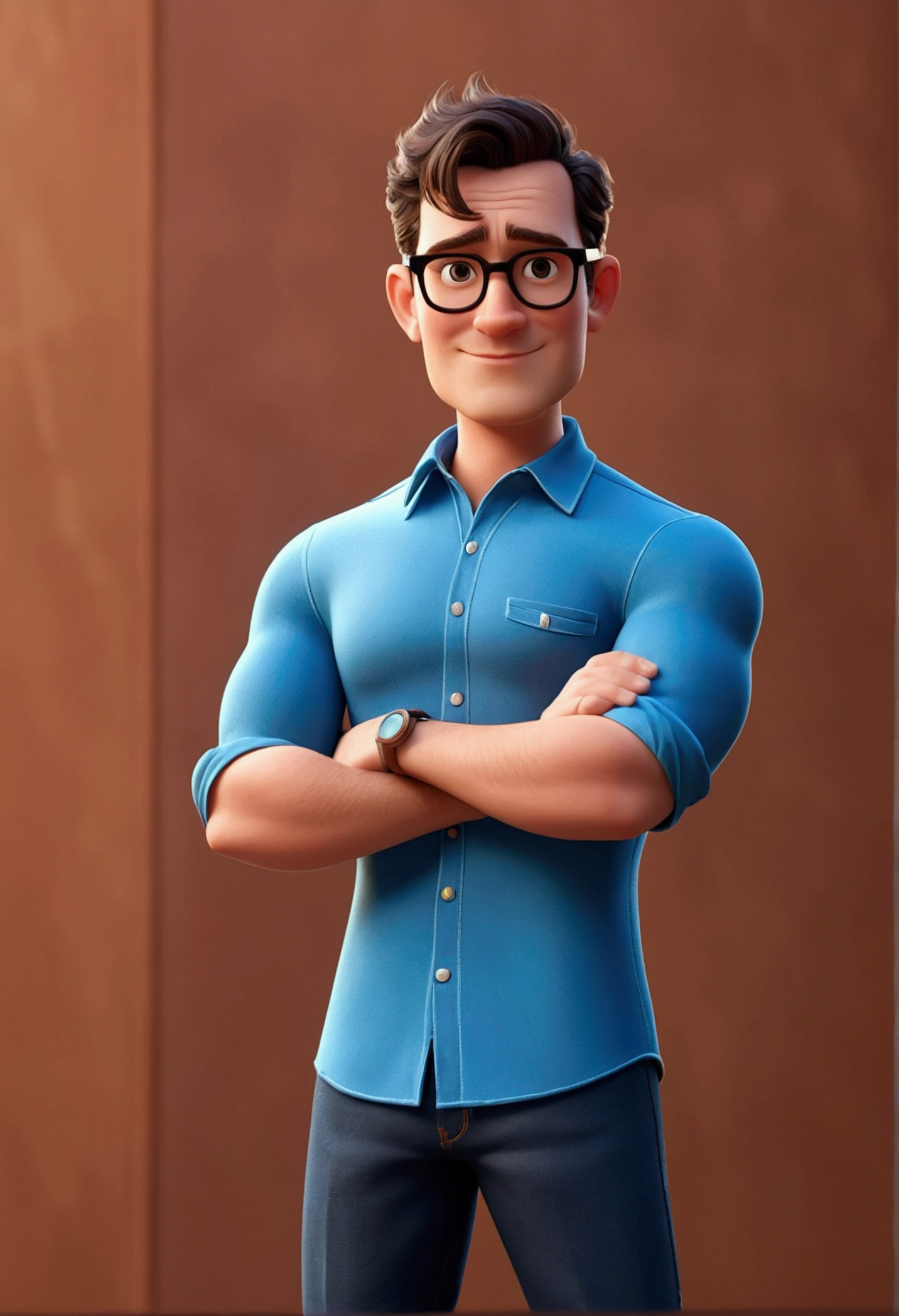 Cartoon character of a man in black glasses and blue shirt, animation character, stylized character, animation style rendering, 3d stylized, Arnold Maya rendering, Stylized 3D rendering, toon render screenshot, 3d character, 3d character, Stylized 3D rendering, 3D character rendering, cartoon character, Personagem de close up, character posing, (Pixar-style) (master part:1.2) (bokeh) (best qualityer) (skin detailed) (detailed texture) (8k) (Argilla) (cinematic lighting) (sharp focus