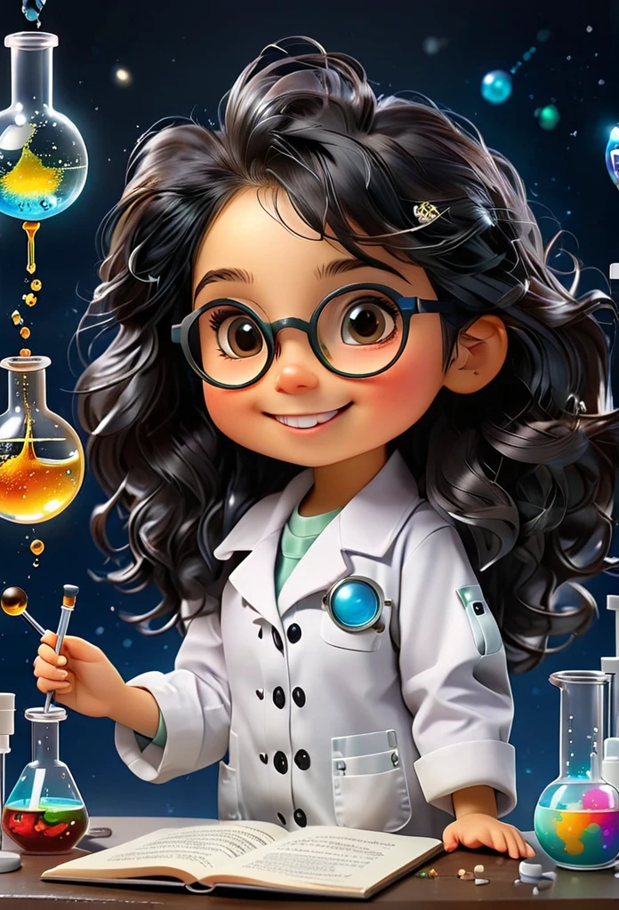Chibi Baby Chemistry Mascot MASCOT, atoms, Molecules ,Has black hair , Blind box style and model with popular market style, The sunlight shines, , hyper qualit, sharp features, Ultra HD and 8K resolution,Cool Hand Drawn Illustration，fly away (Inside out disgusting), Create a series of best quality cute chibi dolls,ultra details,realisitic,Science Laboratory,Chemical experiment,ultra HD, chemical equipment,scientists working,cups,UHD Bunsen Burner ,Microscope,laboratory glassware,measuring cylinders,labcoats,Round nerd glasses ,science books,Periodic table,scientChibi Baby Chemistry Mascot MASCOT, atoms, Molecules ,Has black hair , Blind box style and model with popular market style, The sunlight shines, , hyper qualit, sharp features, Ultra HD and 8K resolution,Cool Hand Drawn Illustration，fly away (Inside out disgusting), Create a series of best quality cute chibi dolls,ultra details,realisitic,Science Laboratory,Chemical experiment,ultra HD, chemical equipment,scientists working,cups,UHD Bunsen Burner ,Microscope,laboratory glassware,measuring cylinders,labcoats,Round nerd glasses ,science books,Periodic table,scientific research,discoveries,new inventions,innovation,aprendizagem,education,Scientific culture wears coat with details of buttons and brooches , her coat is charming and cute with ultra chemical details ,Curiosidade,Technological advancements,swirly vibrant colors,soft lighting,modern laboratory,nerdy atmosphere,laboratory instruments,hypothesis testing,Scientific method,symbolic representation,Critical thinking,experiments ,precision,precision,Intricate details,impressive scientific setup,natural elements,exploration of the mysteries of science,unlocking the secrets of nature. Baby chibi is happy and excited, remember to use chemical laboratory glassware, The chalkboard behind the cute chibi baby is written the structure of caffeine in white chalk 18K UHDBlack hair, very long hair, American propaganda poster, shine light, 3D rendering, Alta resolução, 