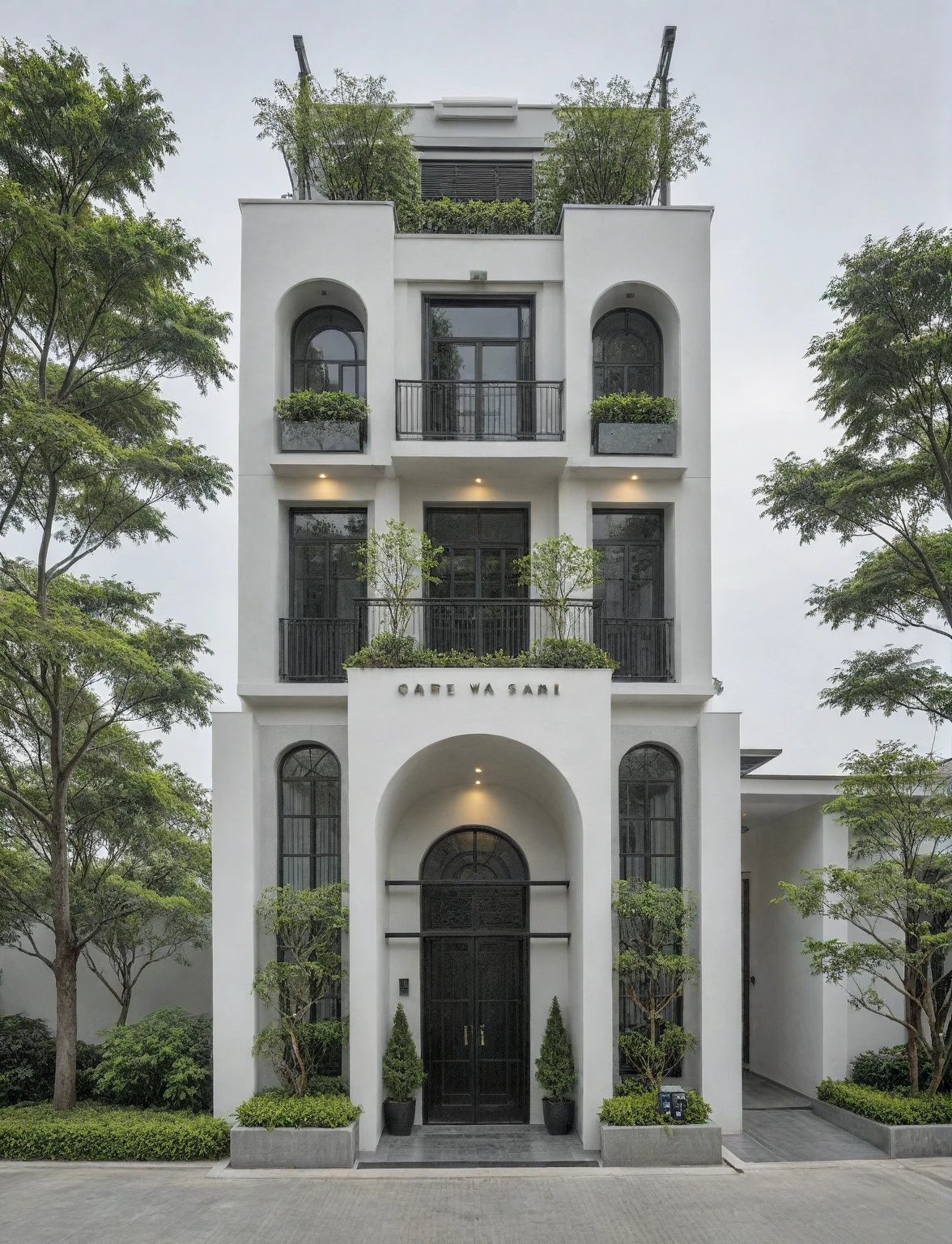 RAW photo, a photo of a modern house, (curvilinear chrchitecture:1.4), Wabisabi style rounded wall, white wall, steel dark gate, sidewalk, sidewalk trees, ((grey gate:1.2)), road, viet nam modern residence, ((architectural shot)), rough white wall, new residential area, wide angle exterior 2022, contemporary house, exterior photography, masterpiece, contemporary architecture, overcast, indirect lighting