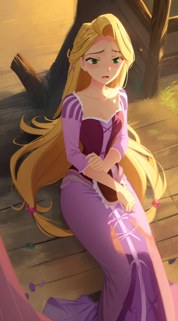 (masterpiece, best quality, high resolution:1.4), rapunzel, green eyes, purple princess dress, skirt long:1.0, (loose hair:1.3), unable to get up or move:1.0, exhausted, beaten down, (lies flat on her back:1.0),(defeated in combat:1.0), (Rapunzel lies down flat on her back, defeated in combat), (dazed expression:1.0), looking up, soft panting, outdoors, close angle to Rapunzel, direct shot: 1.0, line of action: 1.0, line of sight: 1.0