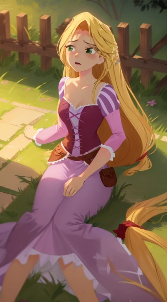 (masterpiece, best quality, high resolution:1.4), rapunzel, green eyes, purple princess dress, skirt long:1.0, (loose hair:1.3), unable to get up or move:1.0, exhausted, beaten down, (lies flat on her back:1.0),(defeated in combat:1.0), (Rapunzel lies down flat on her back, defeated in combat), (dazed expression:1.0), looking up, soft panting, outdoors, close angle to Rapunzel, direct shot: 1.0, line of action: 1.0, line of sight: 1.0