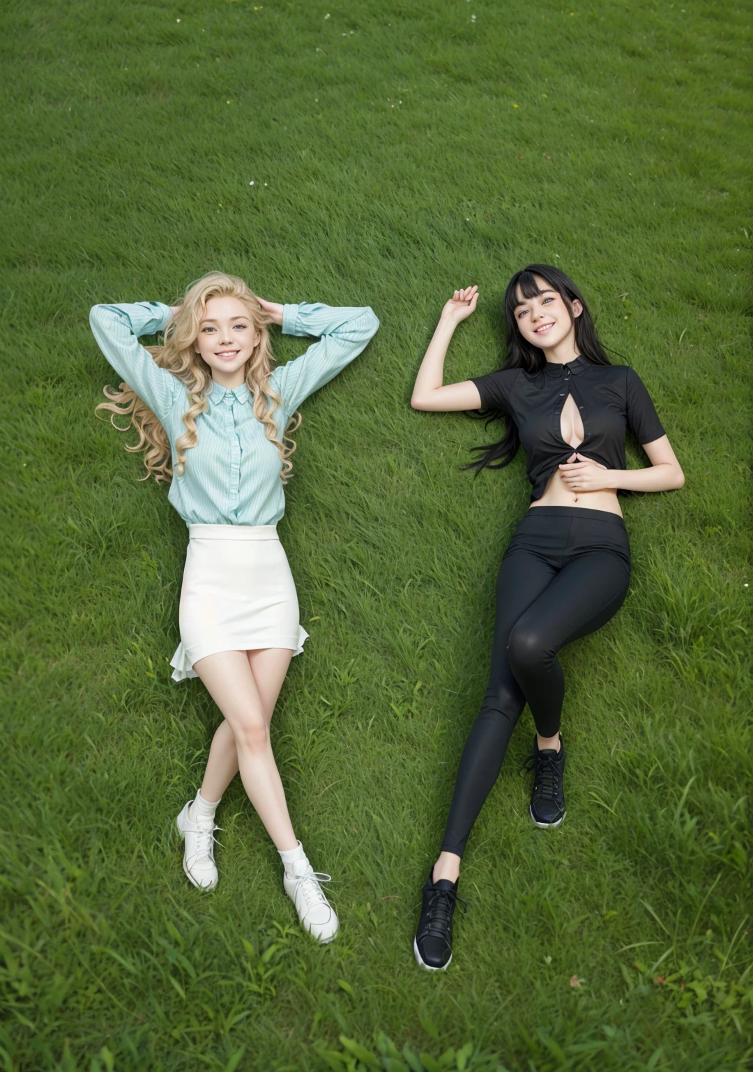 Two girls lying on the grass, looking at each other smiling, one is blonde with long wavy hair and green eyes, the other has short black hair and bangs and blue eyes