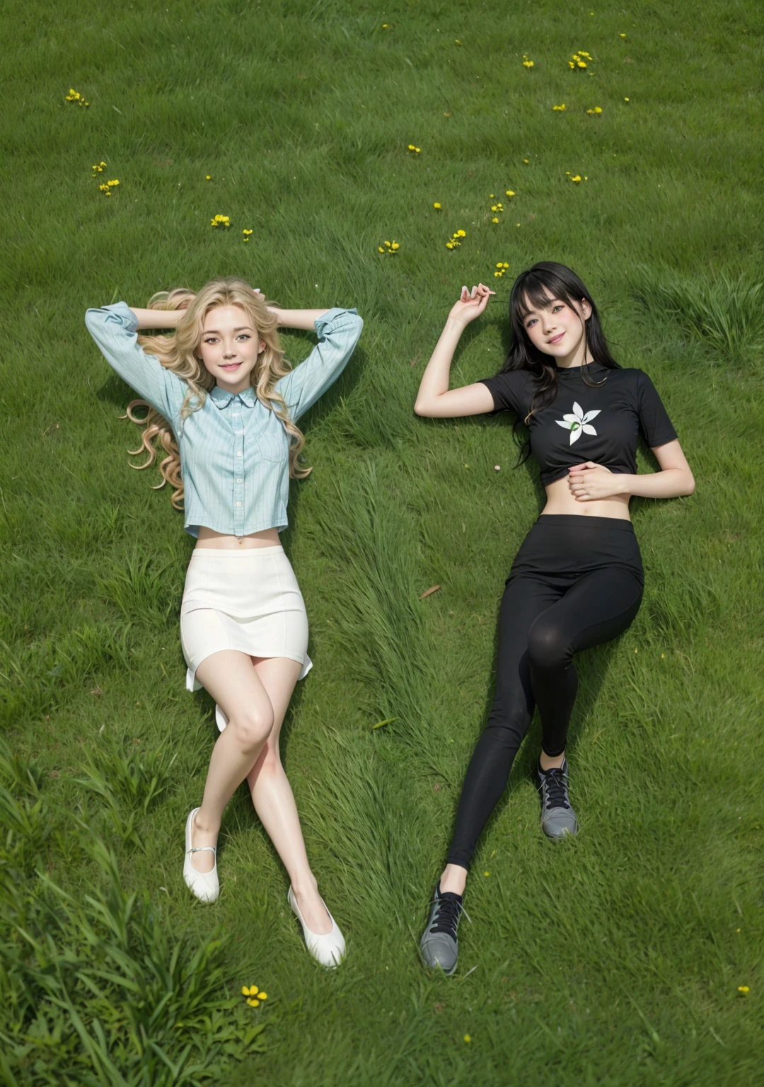 Two girls lying on the grass, looking at each other smiling, one is blonde with long wavy hair and green eyes, the other has short black hair and bangs and blue eyes
