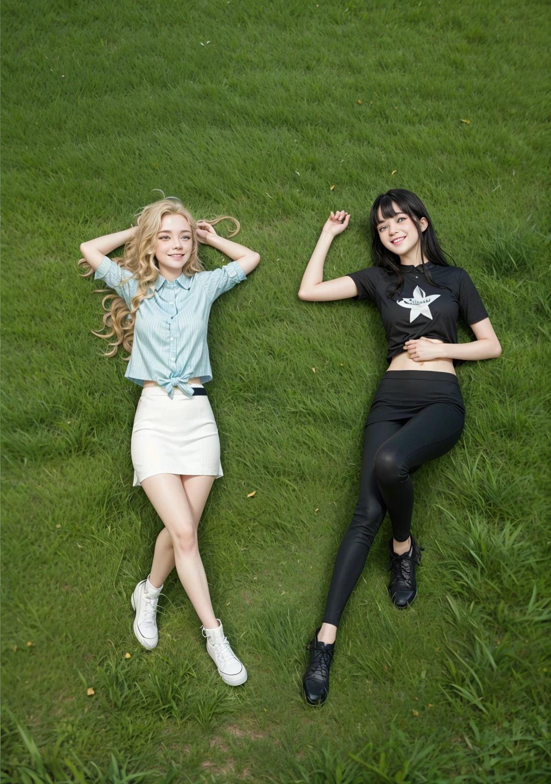 Two girls lying on the grass, looking at each other smiling, one is blonde with long wavy hair and green eyes, the other has short black hair and bangs and blue eyes